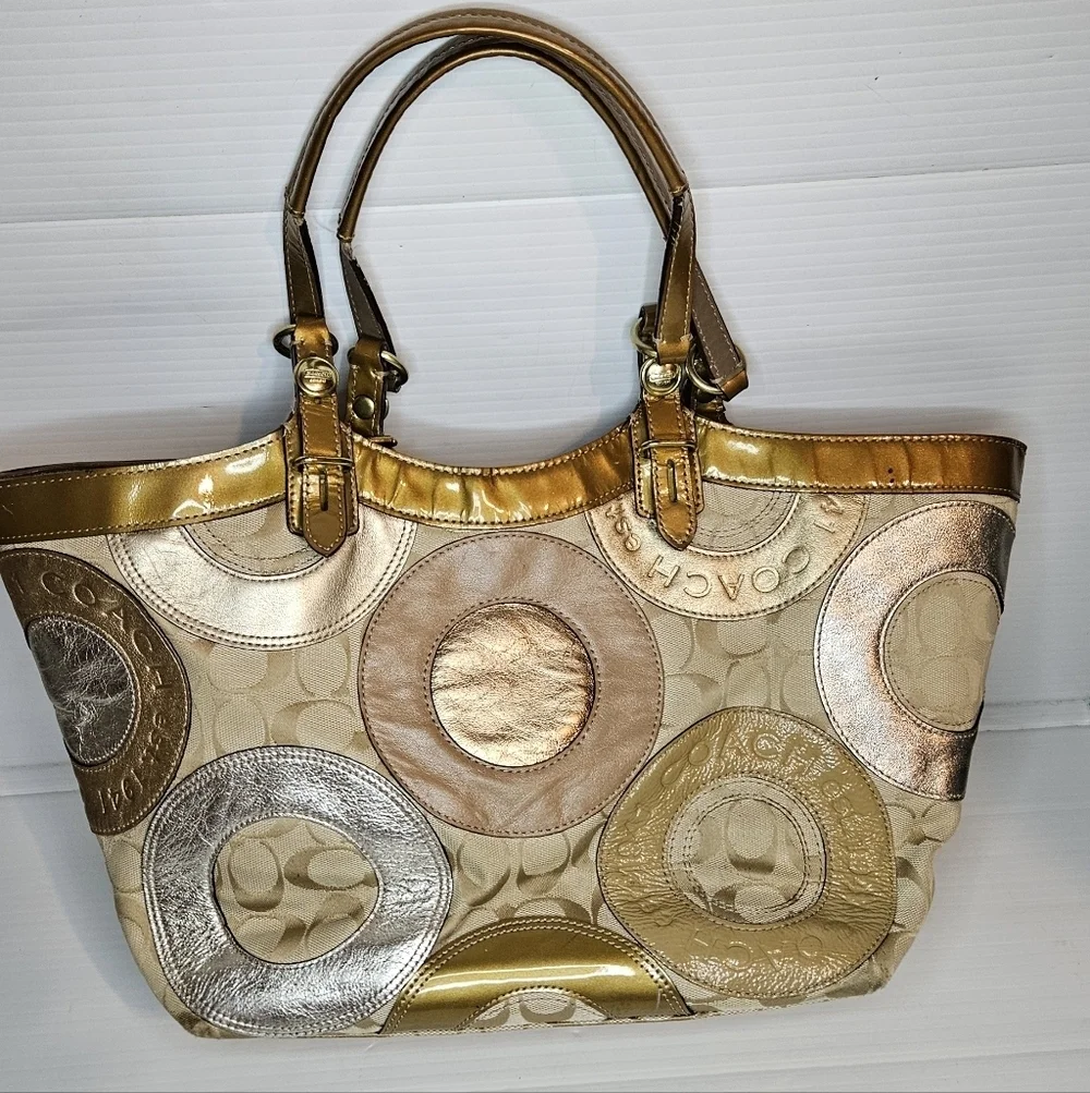 Coach Carly F16180 Vintage Tote – Y2K Metallic Patchwork Logo Canvas Purse, Gold